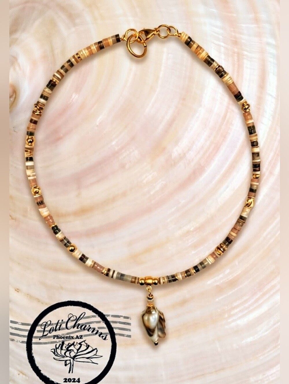Beach Necklace Made W/ Agate, Pink Opal & Natural Sea Shell Pendant In GP
